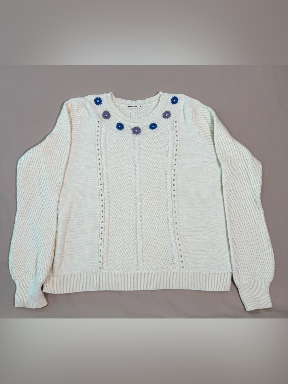 Marine Layer Embroidered Cable-Knit Sweater, Cream, Blue and Lavender Flowers XL